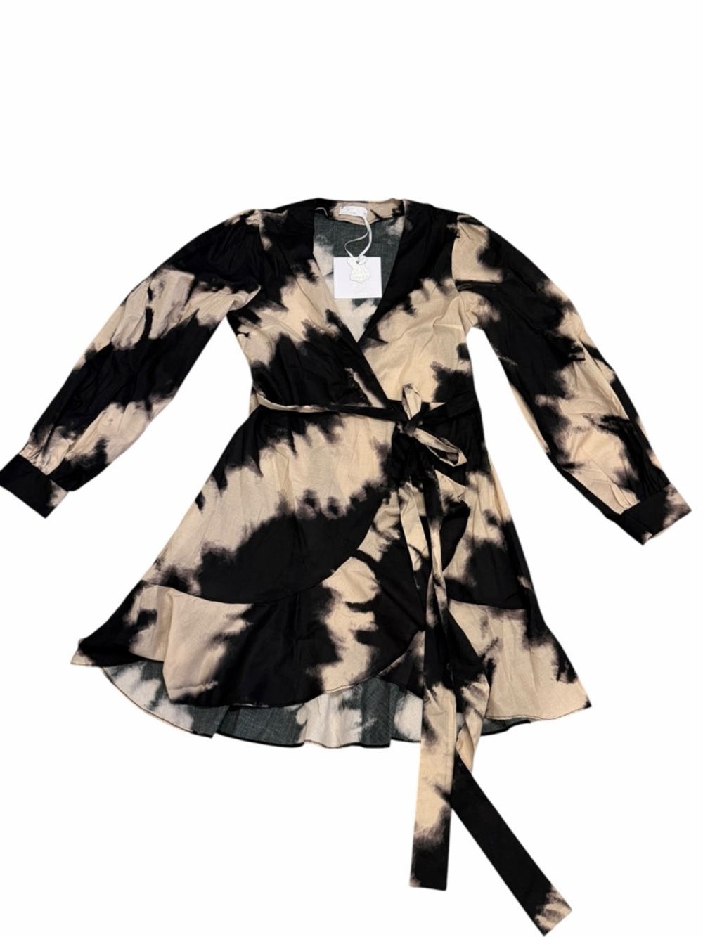 LACE WRAP DRESS 100% Cotton Beige Black Ruffle Size Small - Picture 5 of 8